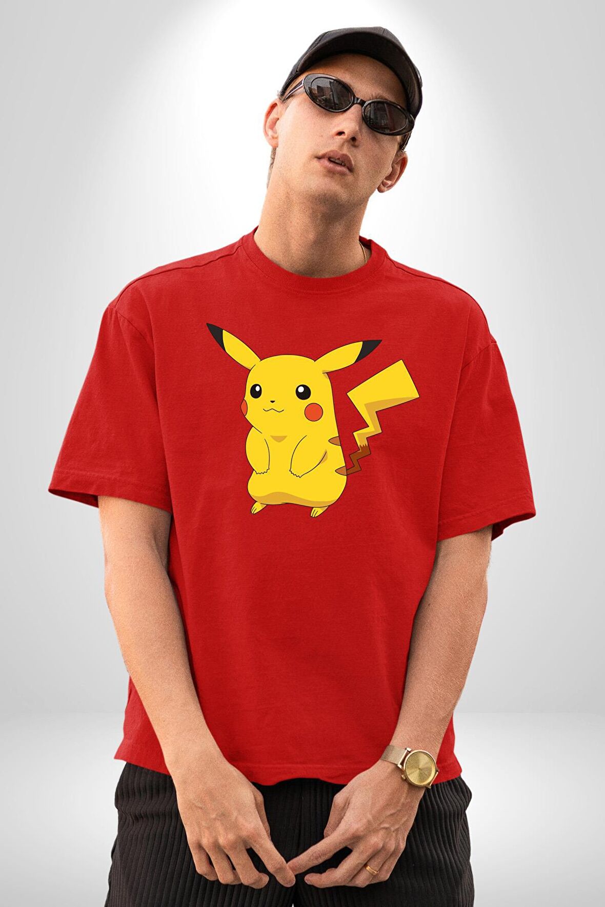 Pokemon Pamuklu Bisiklet Yaka Kadın Erkek Oversize Boyfriend Dijital Baskılı Kırmızı T-shirt