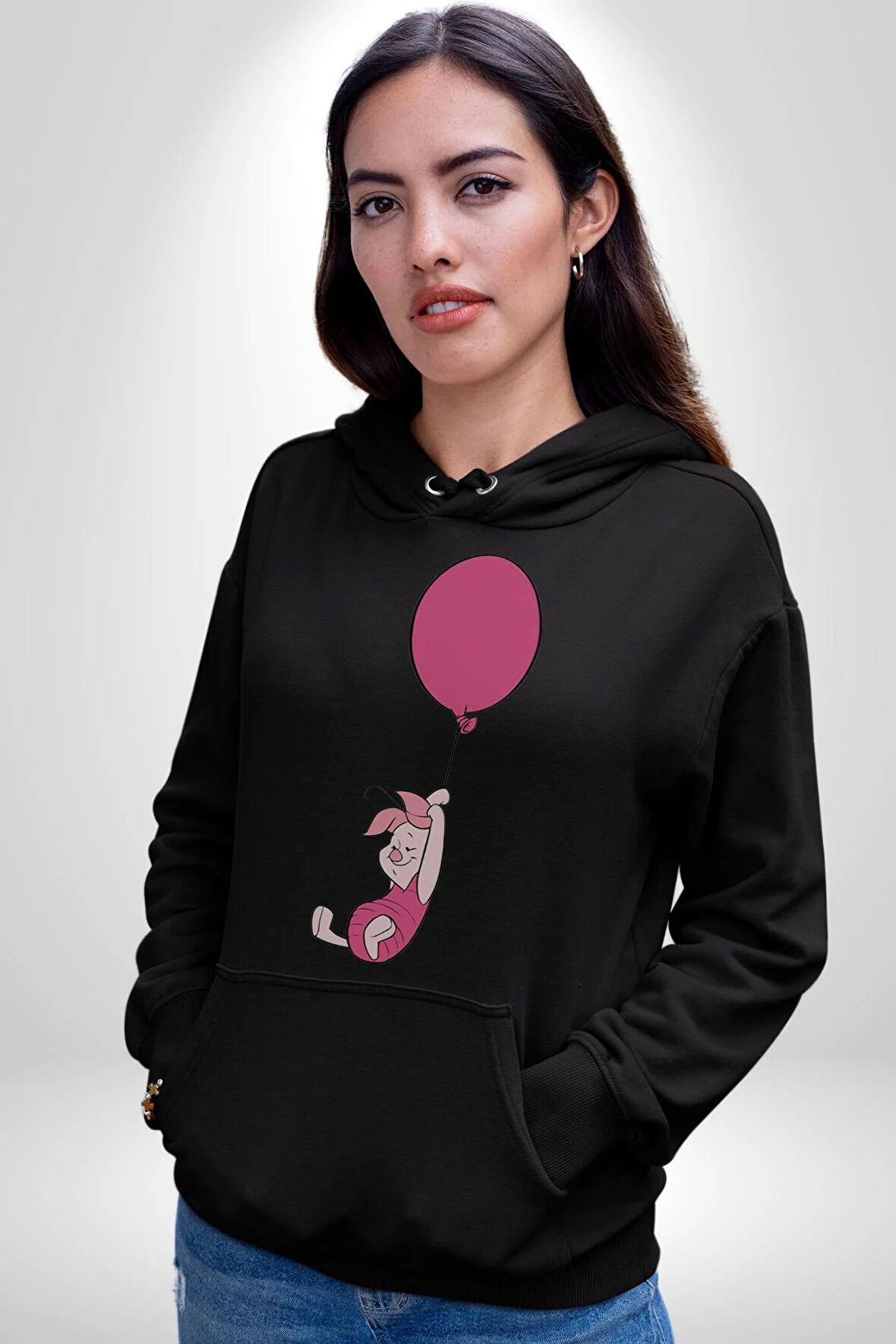 Piklet Balon Kadın Erkek  Siyah Kapüşonlu Sweatshirt Hoodie