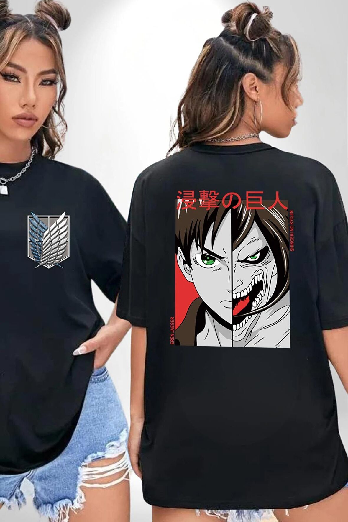 Anime Titan Saldırısı  Siyah Oversize Kadın Erkek Ön ve Sırt Baskılı Tişört