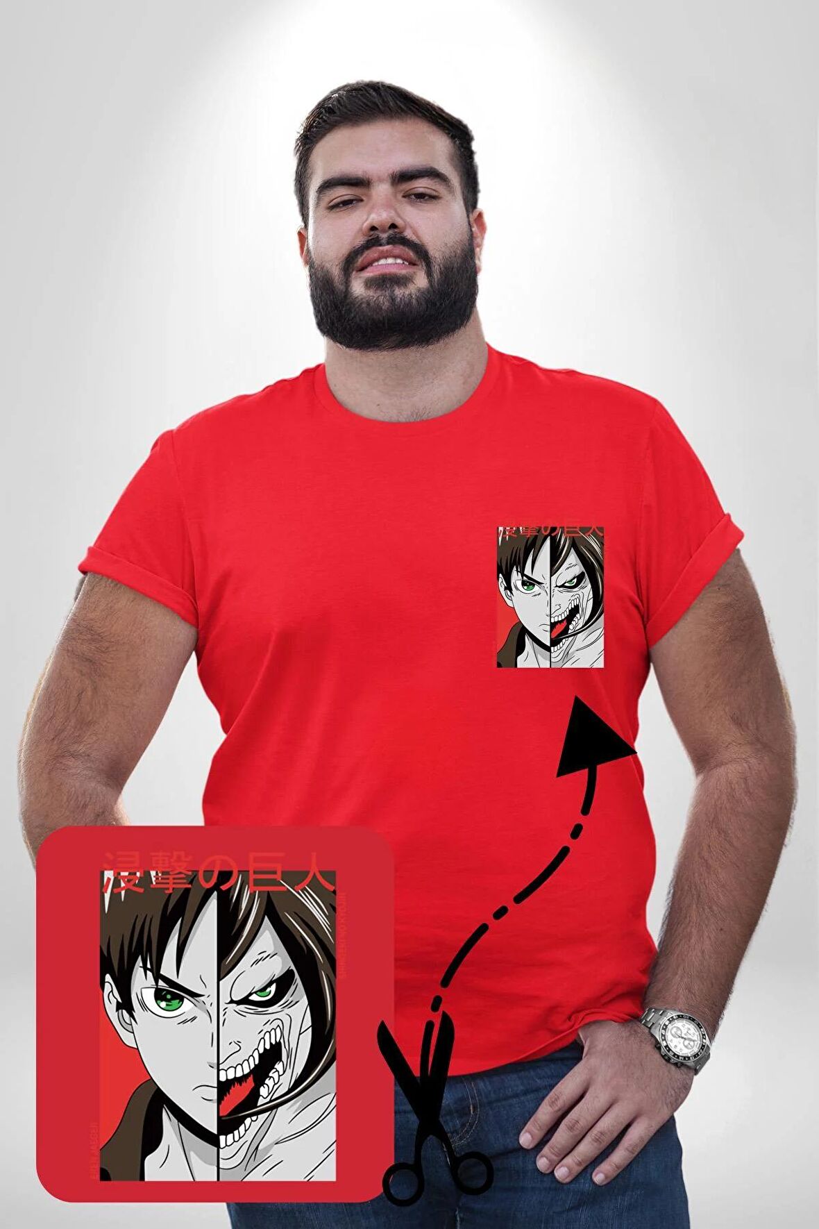 Anime Titan Saldırısı  Kırmızı Büyük Beden Kadın Basic Minimal Baskılı Tişört
