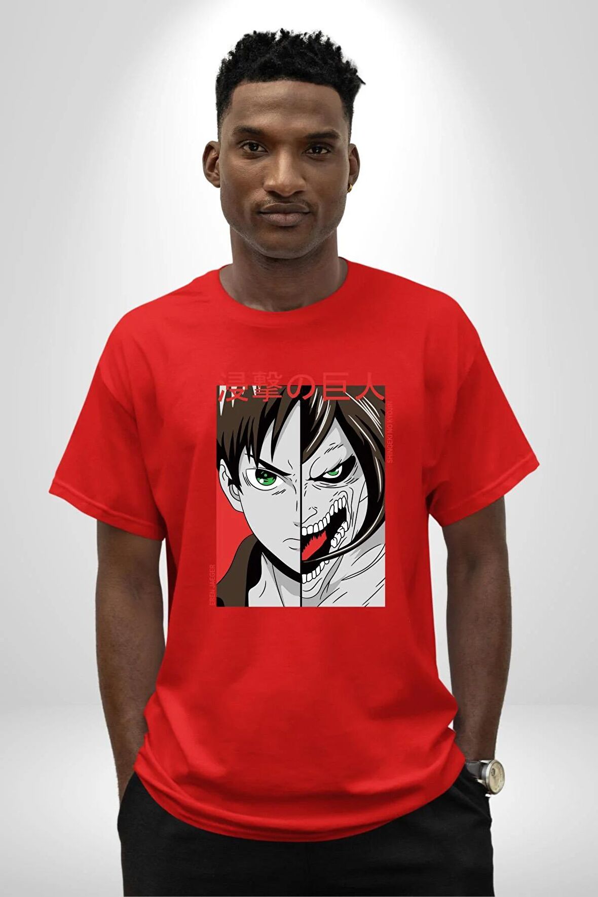 Anime Titan Saldırısı  Pamuklu Bisiklet Yaka Kadın Erkek Oversize Boyfriend Dijital Baskılı Kırmızı T-shirt