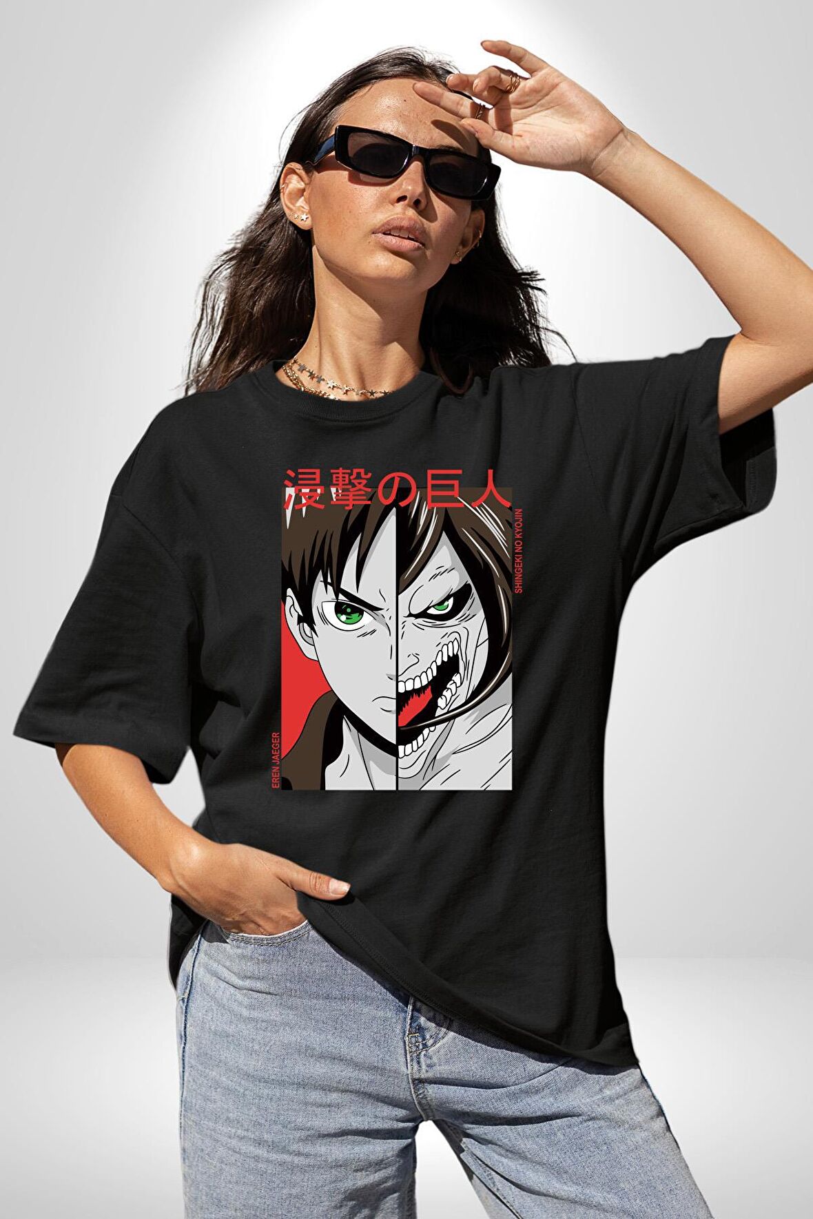 Anime Titan Saldırısı  Pamuklu Bisiklet Yaka Kadın Erkek Oversize Boyfriend Dijital Baskılı Siyah T-shirt