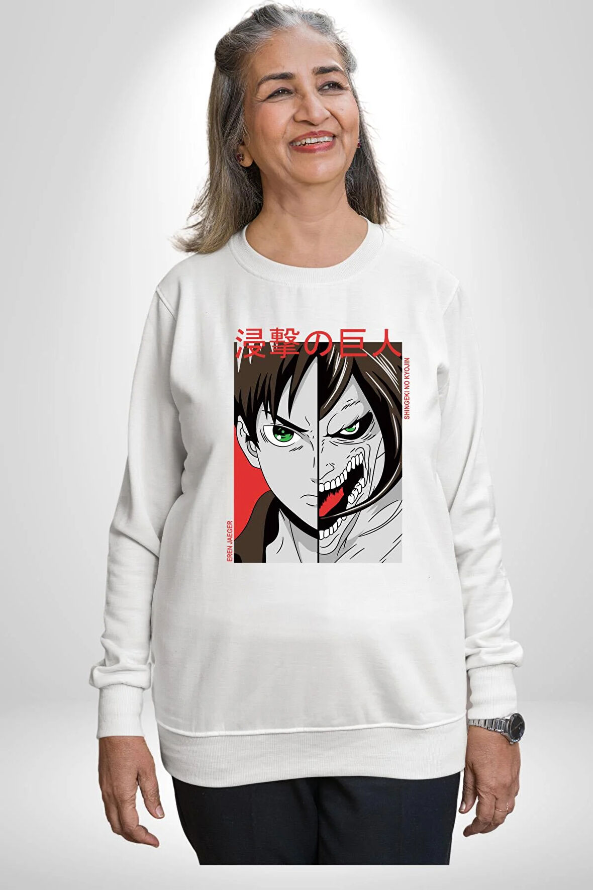 Anime Titan Saldırısı  Kadın Erkek Beyaz Sweatshirt 