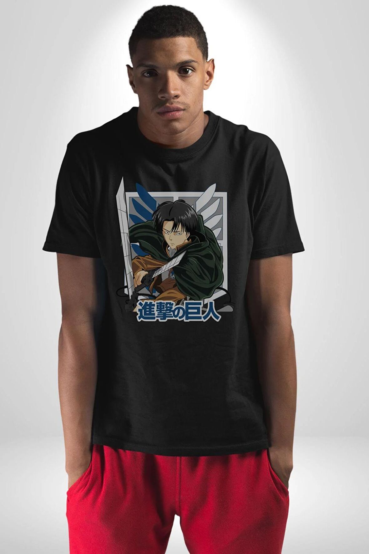 Anime Levi Ackerman Beyaz Ve Siyah Kanatlar Kadın Erkek Unisex Siyah Organik Baskılı T-Shirt Penye Yüksek Kalite