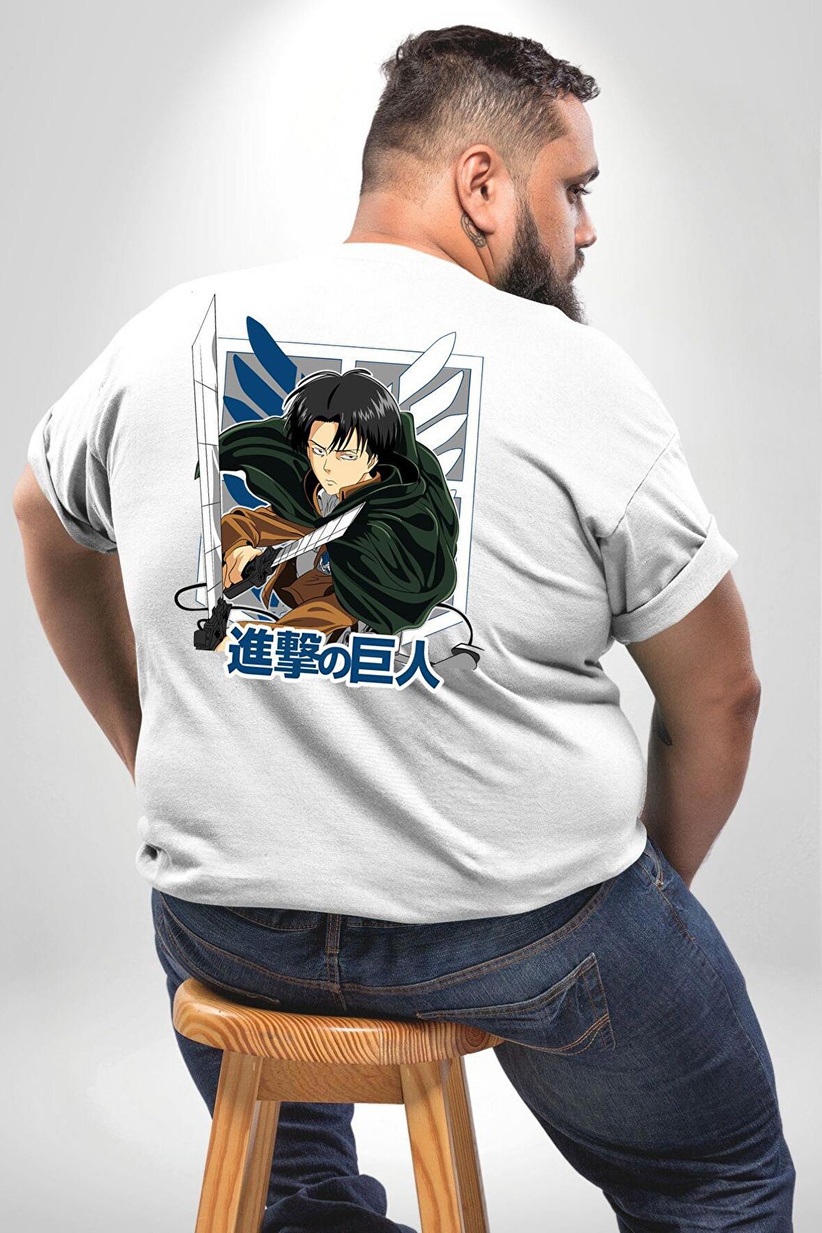 Anime Levi Ackerman Beyaz Ve Beyaz Kanatlar Büyük Beden Beyaz Tişört Kadın Erkek Ünisex Sırt Baskılı