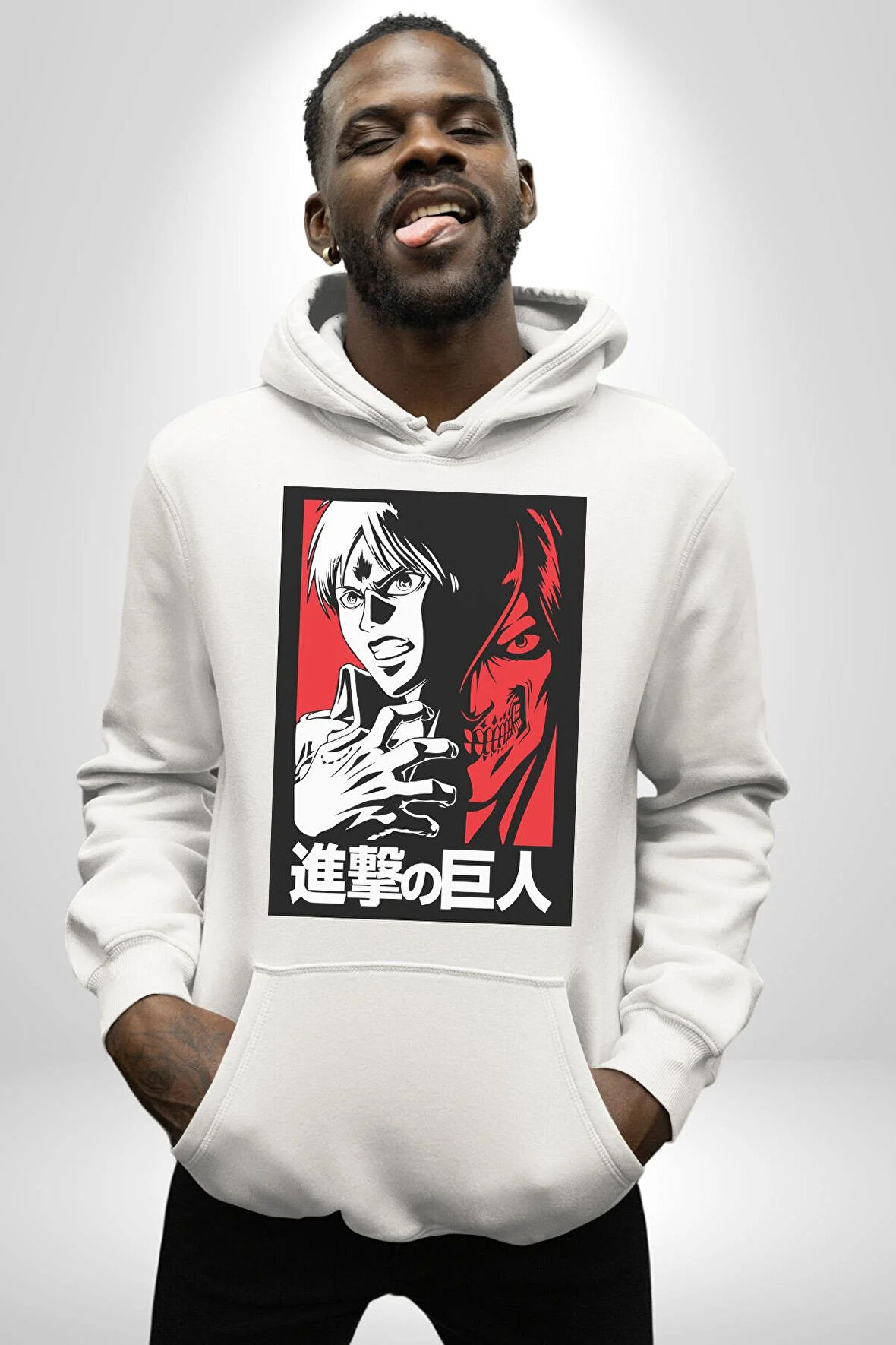 Anime Manga Style Attack On Titan Kadın Erkek  Beyaz Kapüşonlu Sweatshirt Hoodie