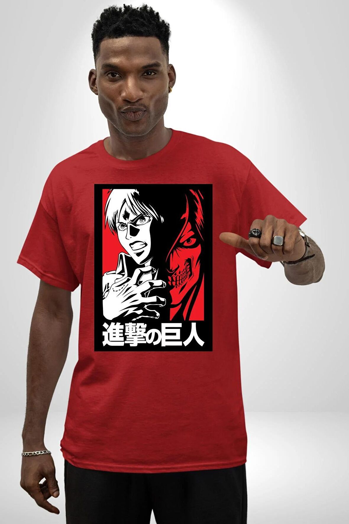 Anime Manga Style Attack On Titan Pamuklu Bisiklet Yaka Kadın Erkek Oversize Boyfriend Dijital Baskılı Kırmızı T-shirt