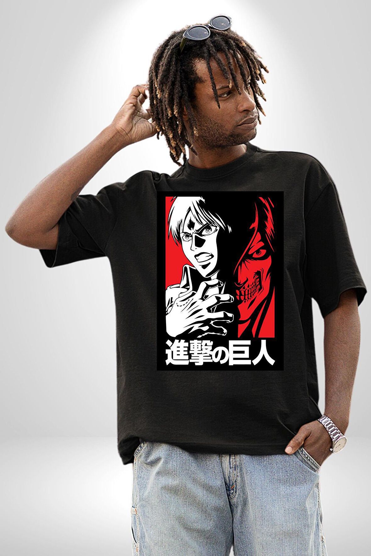 Anime Manga Style Attack On Titan Pamuklu Bisiklet Yaka Kadın Erkek Oversize Boyfriend Dijital Baskılı Siyah T-shirt
