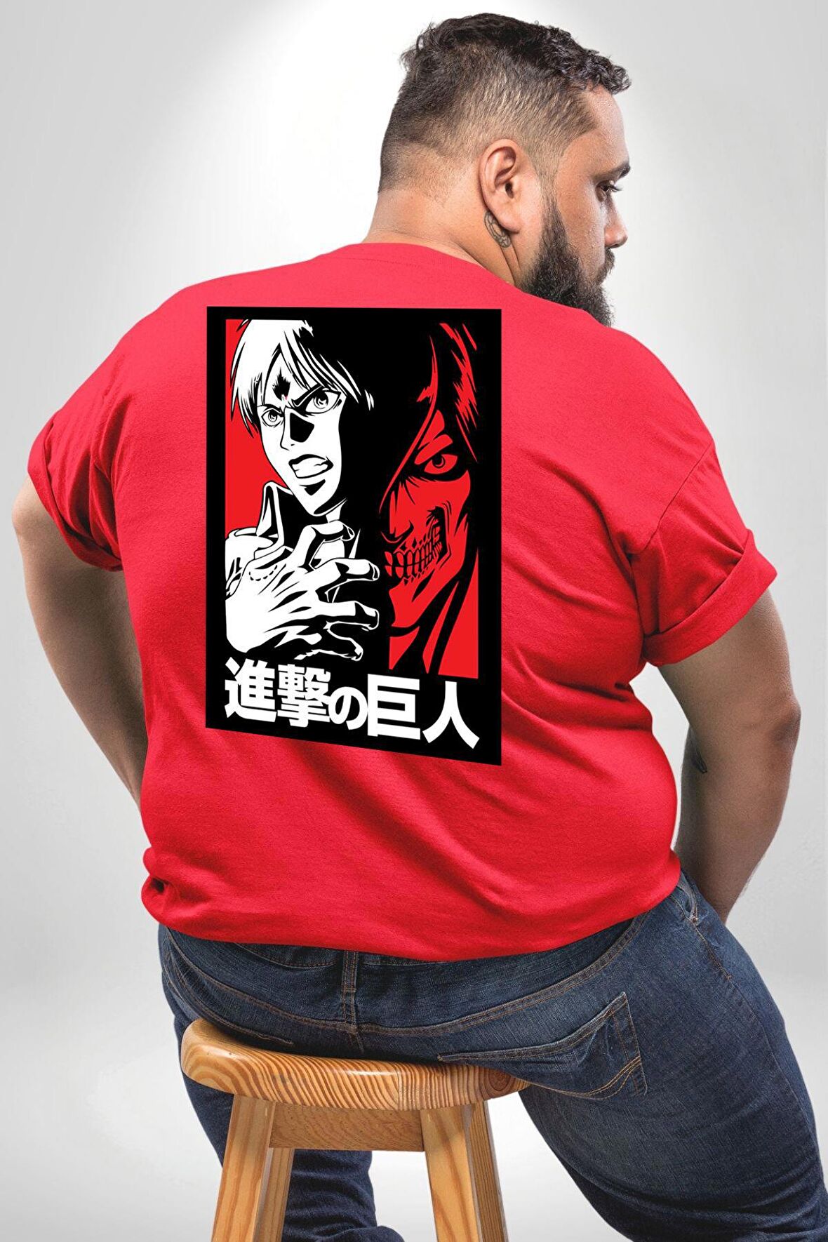 Anime Manga Style Attack On Titan Büyük Beden Kırmızı Tişört Kadın Erkek Ünisex Sırt Baskılı