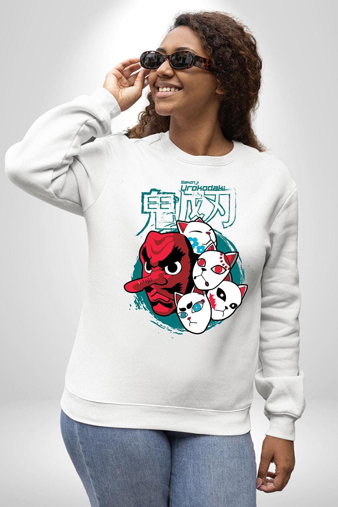 Japon Anime Tengu Maske  Kadın Erkek Beyaz Sweatshirt 