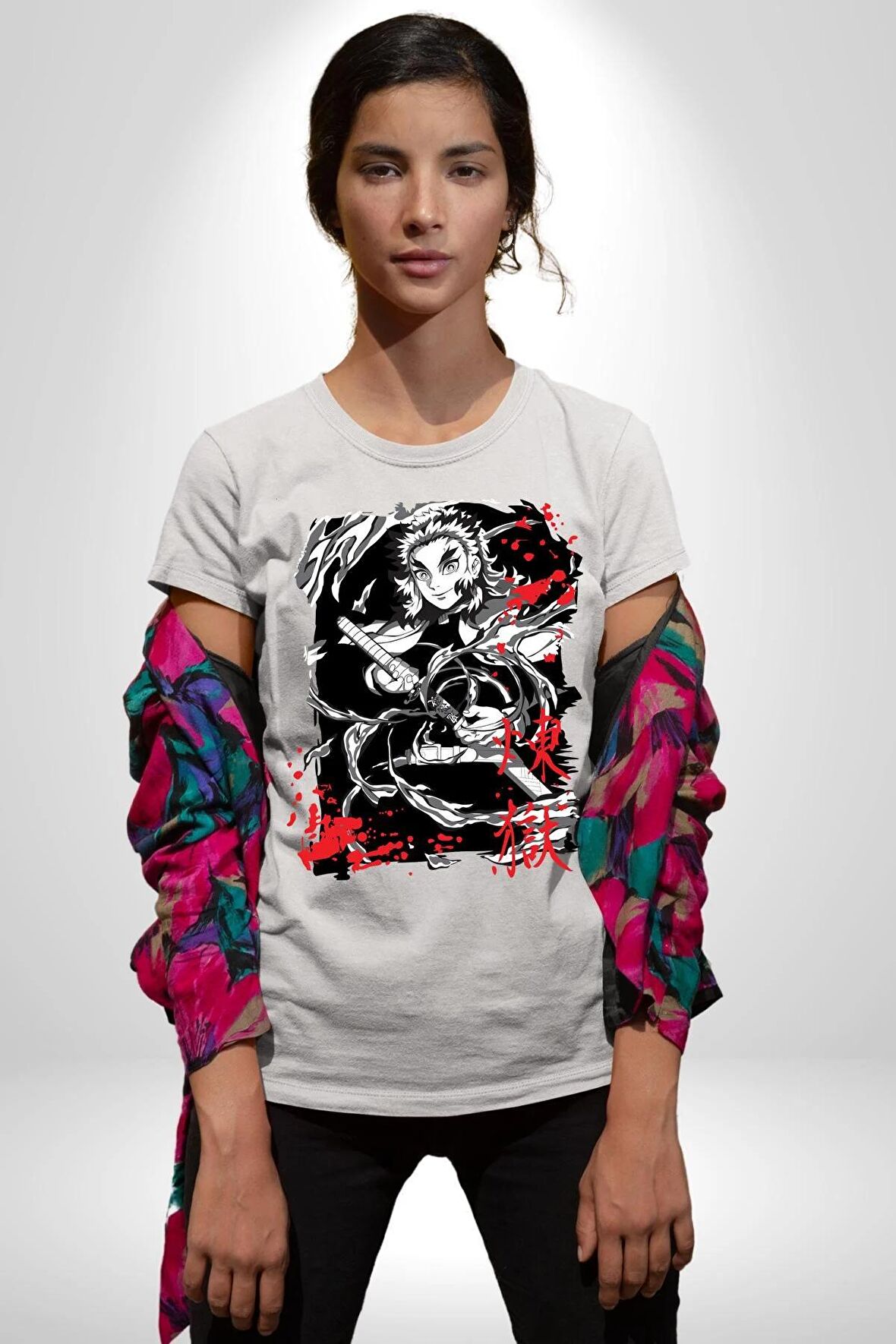 Anime Rengoku Kyojuro Kadın Erkek Unisex Beyaz Organik Baskılı T-Shirt Penye Yüksek Kalite