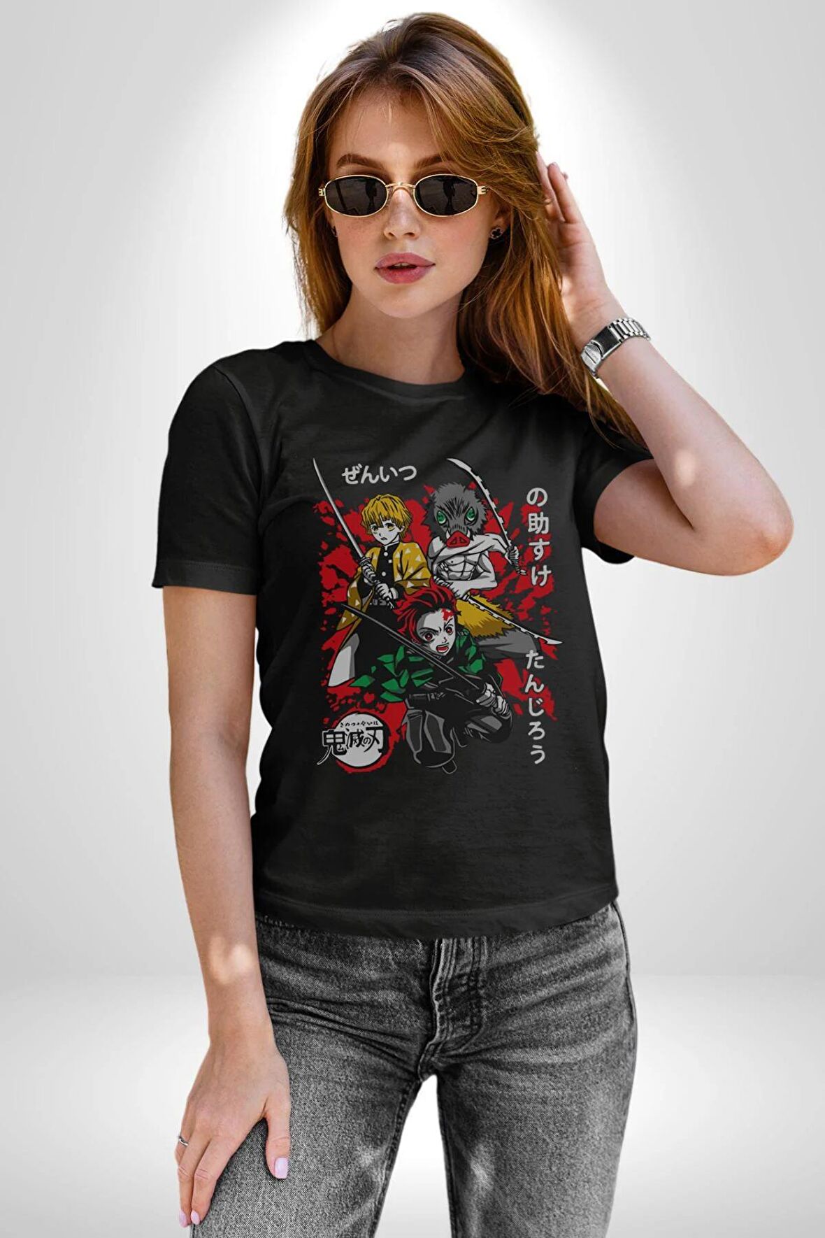 Anime İblis Avcısı Kadın Erkek Unisex Siyah Organik Baskılı T-Shirt Penye Yüksek Kalite