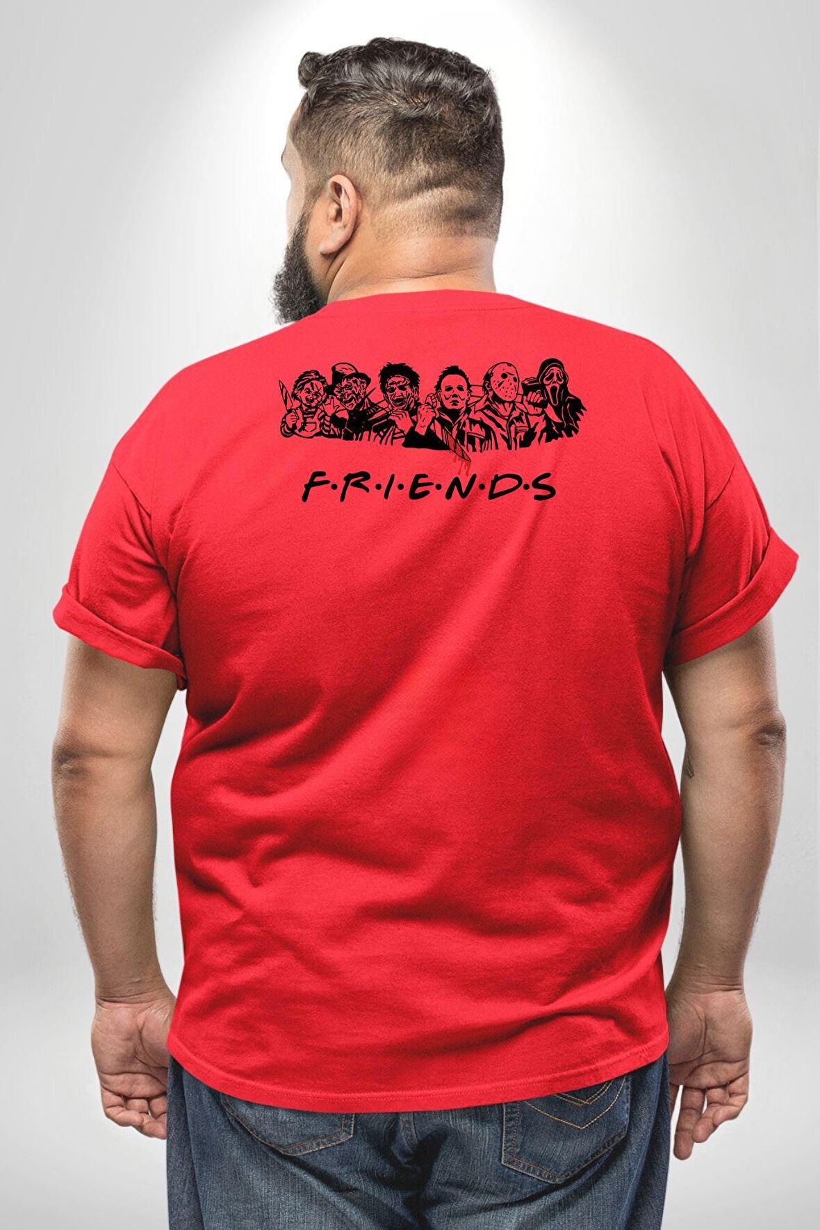 FRIENDS Korku Film Kahramanları Büyük Beden Kırmızı Tişört Kadın Erkek Ünisex Sırt Baskılı