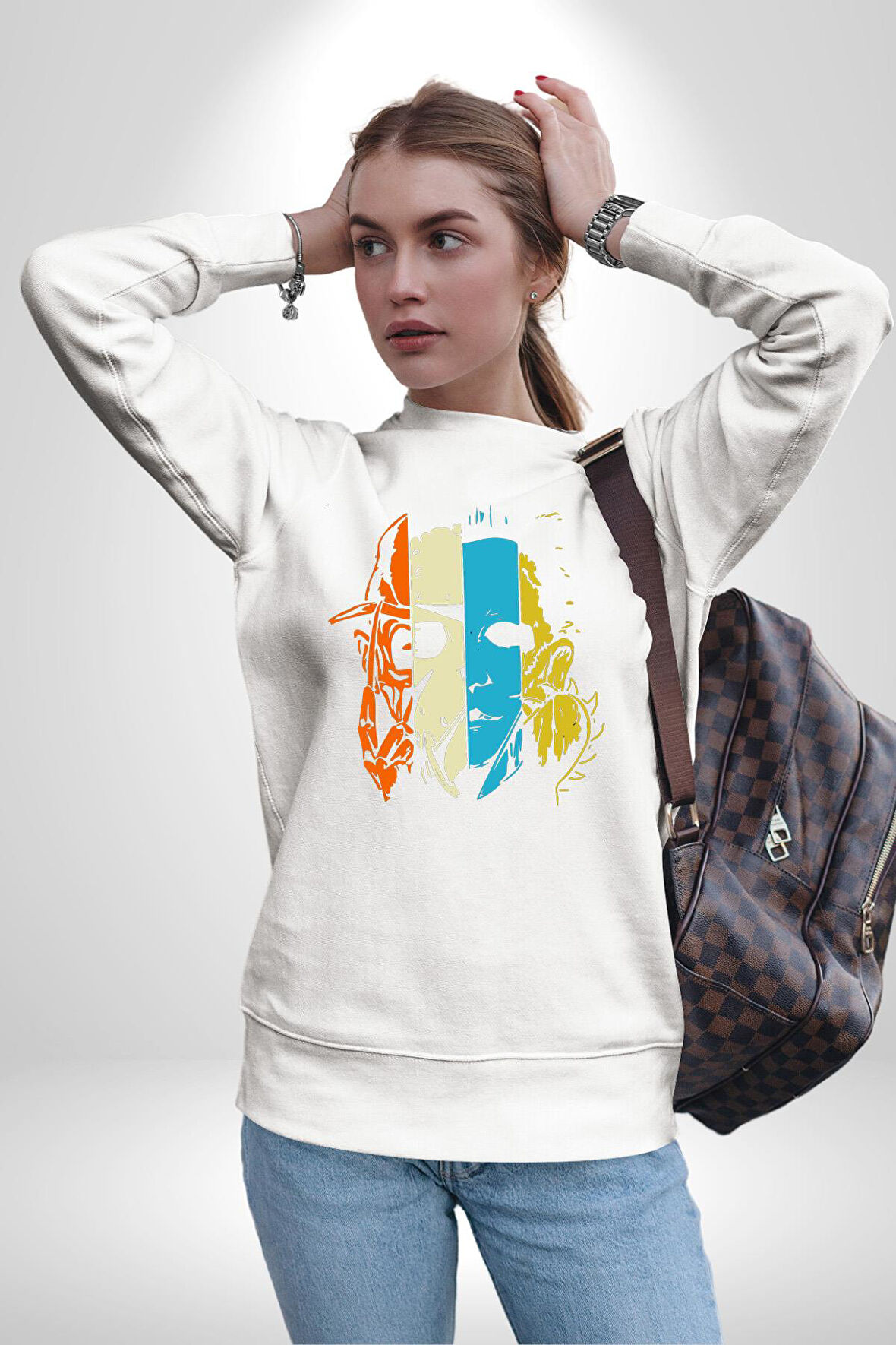 Korku Filmi Maskeli Katil Kadın Erkek Beyaz Sweatshirt 