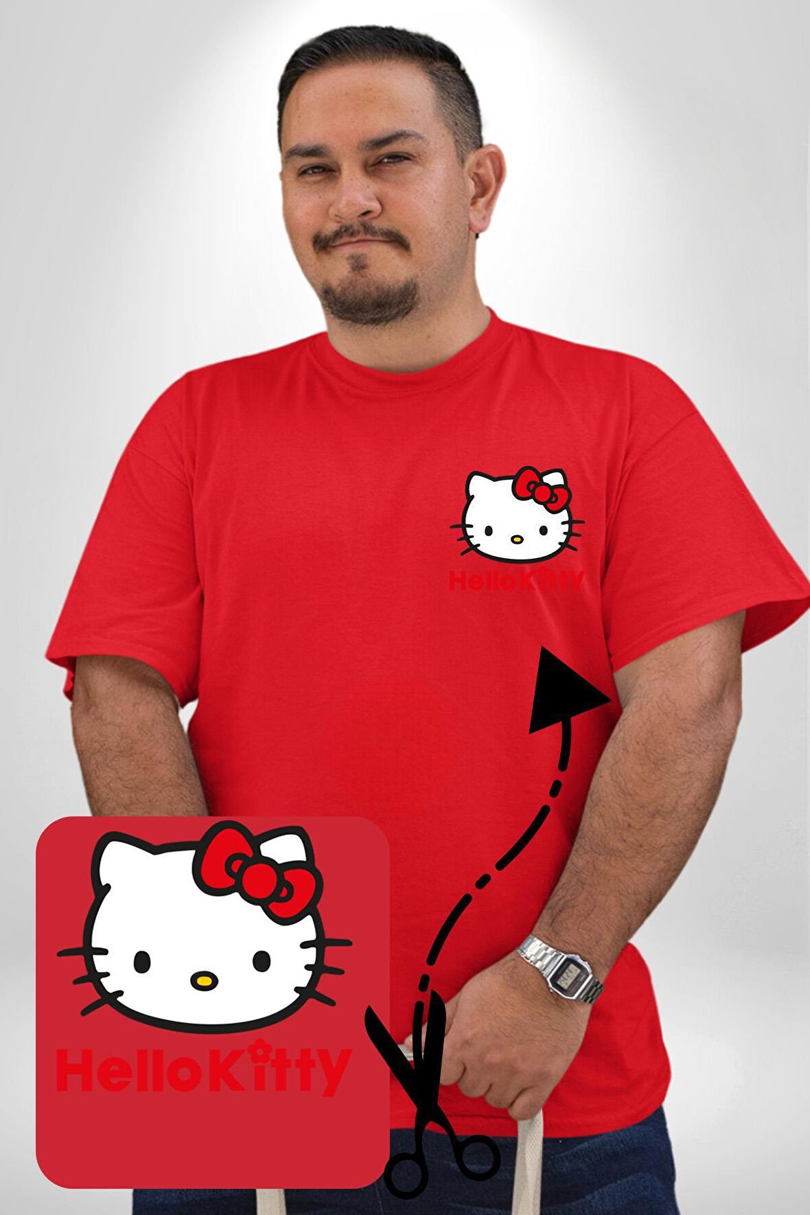 Hello Kitty Kırmızı Büyük Beden Kadın Basic Minimal Baskılı Tişört