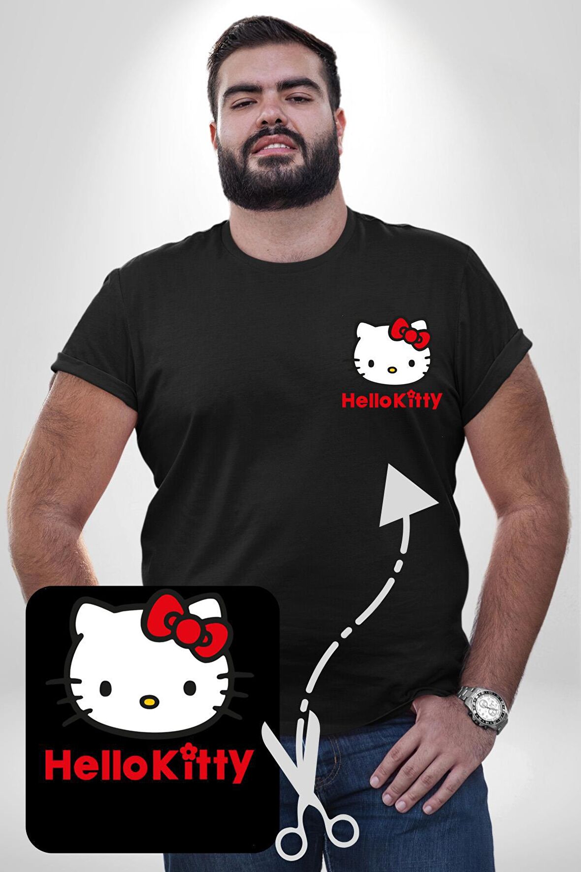 Hello Kitty Siyah Büyük Beden Kadın Basic Minimal Baskılı Tişört