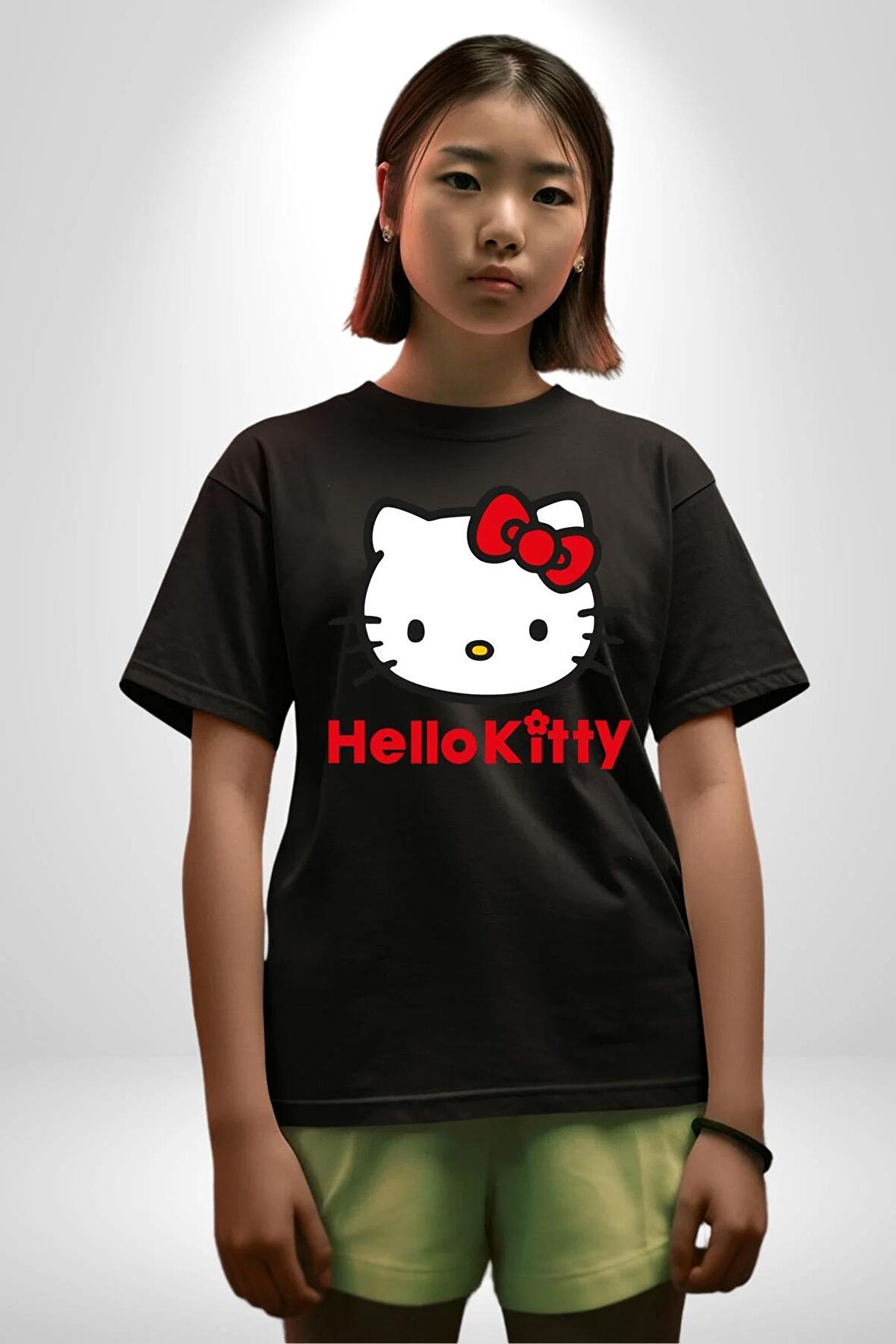 Hello Kitty Pamuklu Bisiklet Yaka Kadın Erkek Oversize Boyfriend Dijital Baskılı Siyah T-shirt
