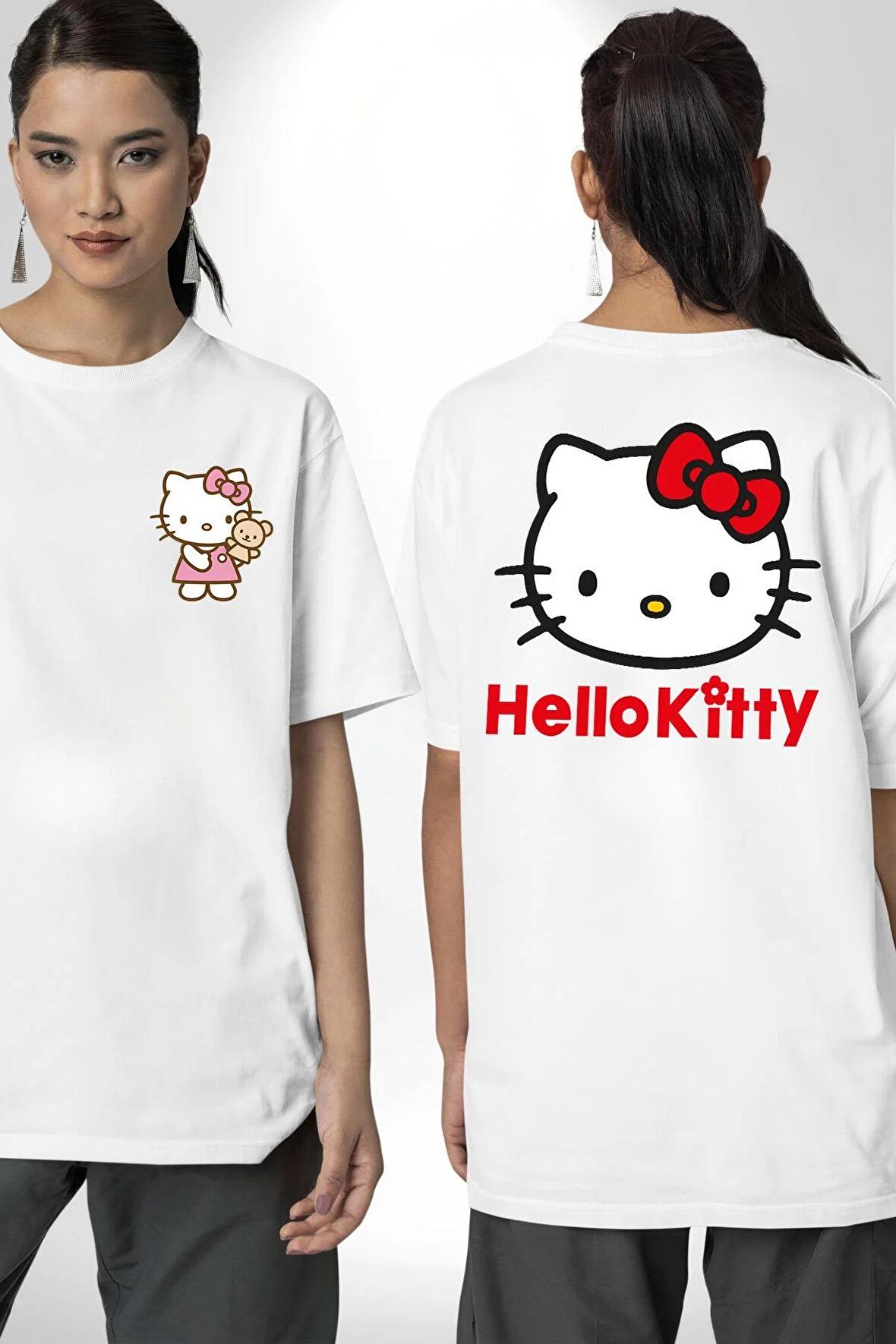 Hello Kitty Beyaz Oversize Kadın Erkek Ön ve Sırt Baskılı Tişört