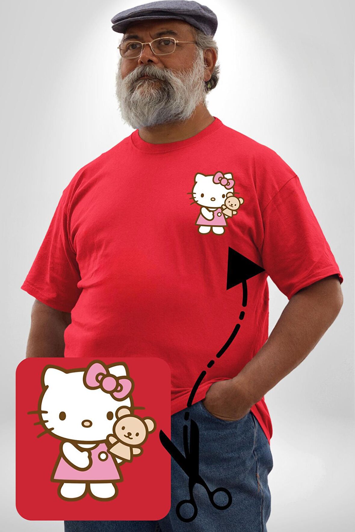 Hello Kitty Kırmızı Büyük Beden Kadın Basic Minimal Baskılı Tişört