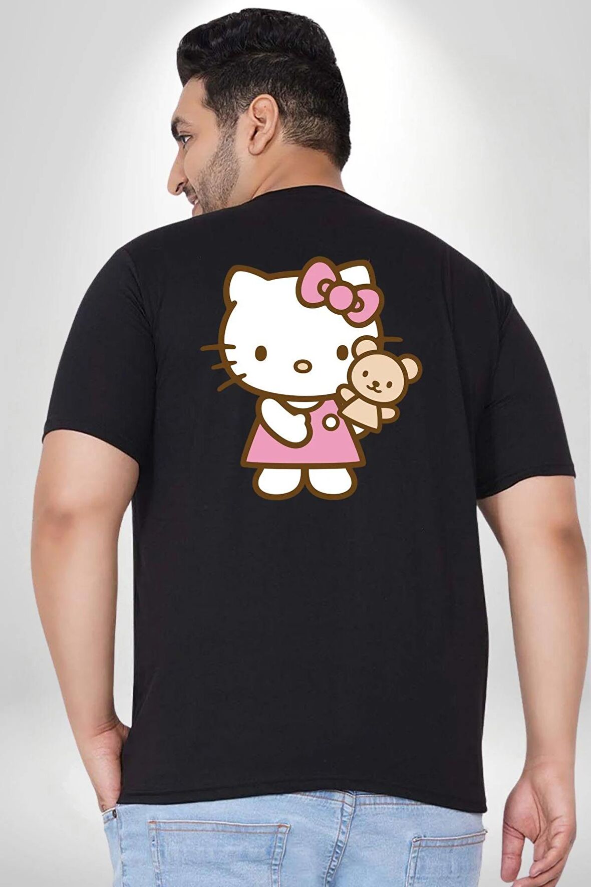 Hello Kitty Büyük Beden Siyah Tişört Kadın Erkek Ünisex Sırt Baskılı