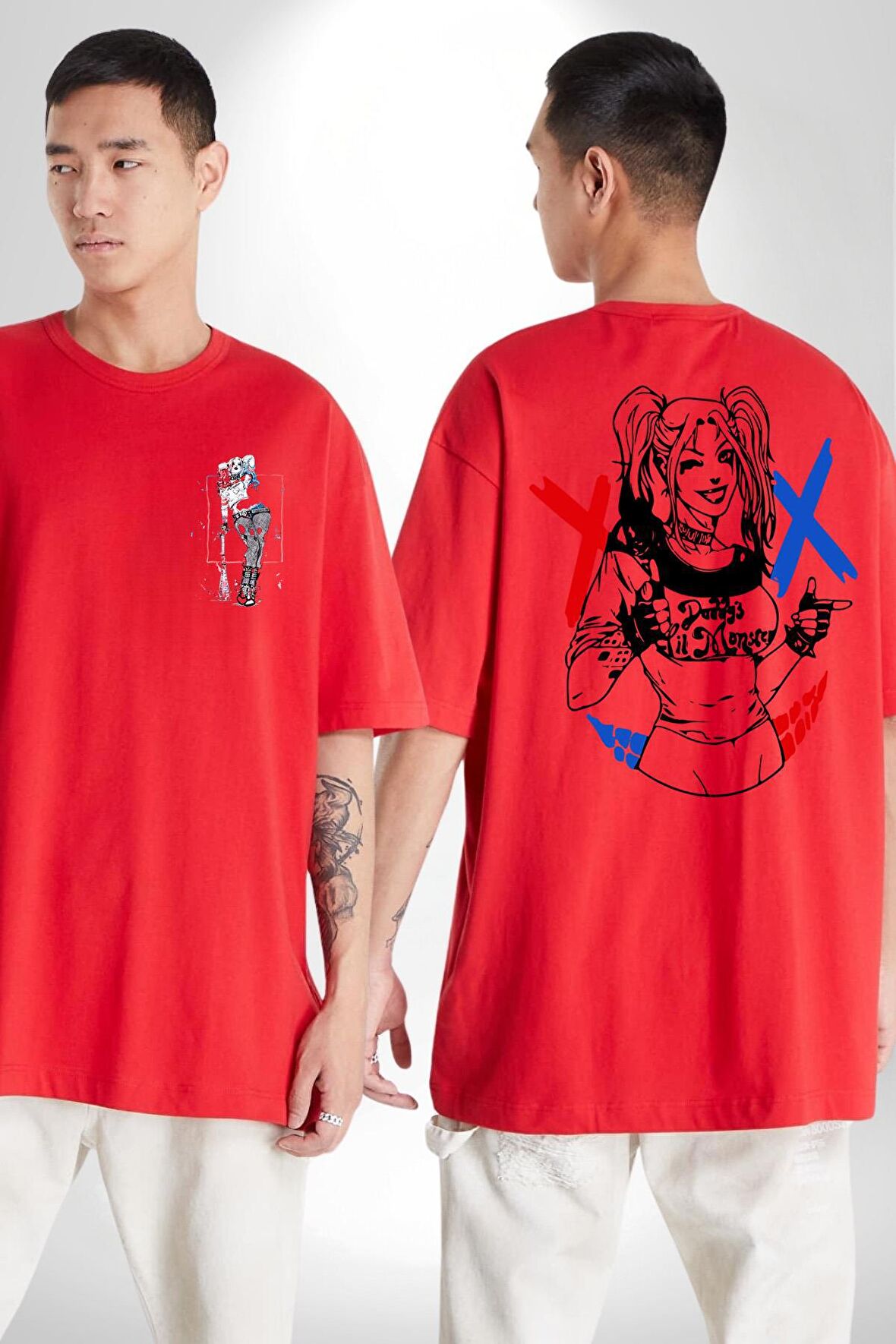 Harley Quinn Kırmızı Oversize Kadın Erkek Ön ve Sırt Baskılı Tişört