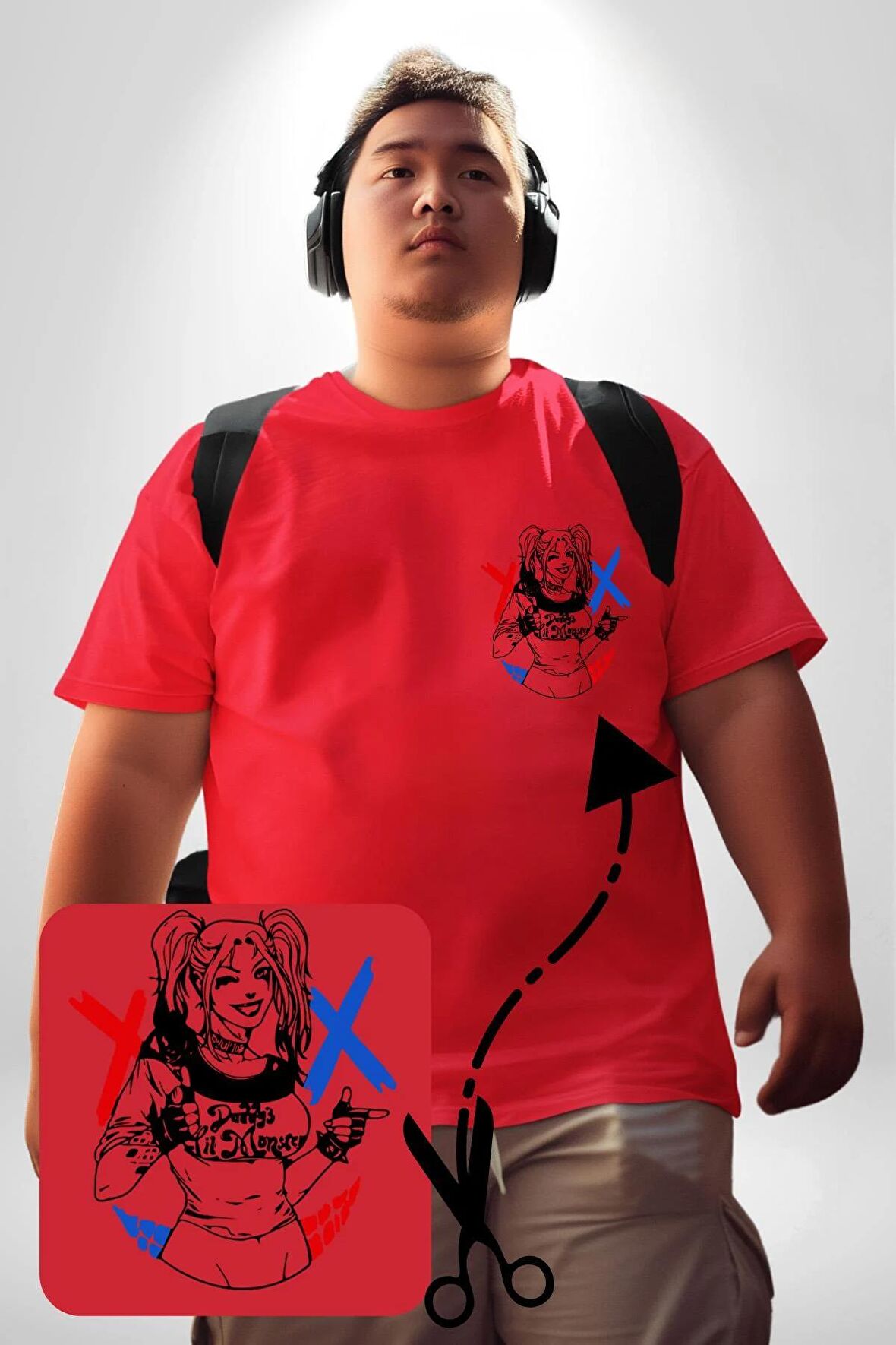 Harley Quinn Kırmızı Büyük Beden Kadın Basic Minimal Baskılı Tişört