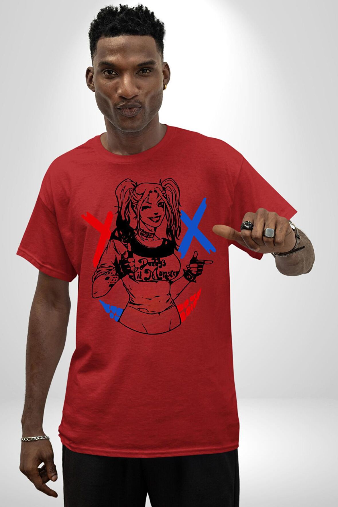 Harley Quinn Pamuklu Bisiklet Yaka Kadın Erkek Oversize Boyfriend Dijital Baskılı Kırmızı T-shirt