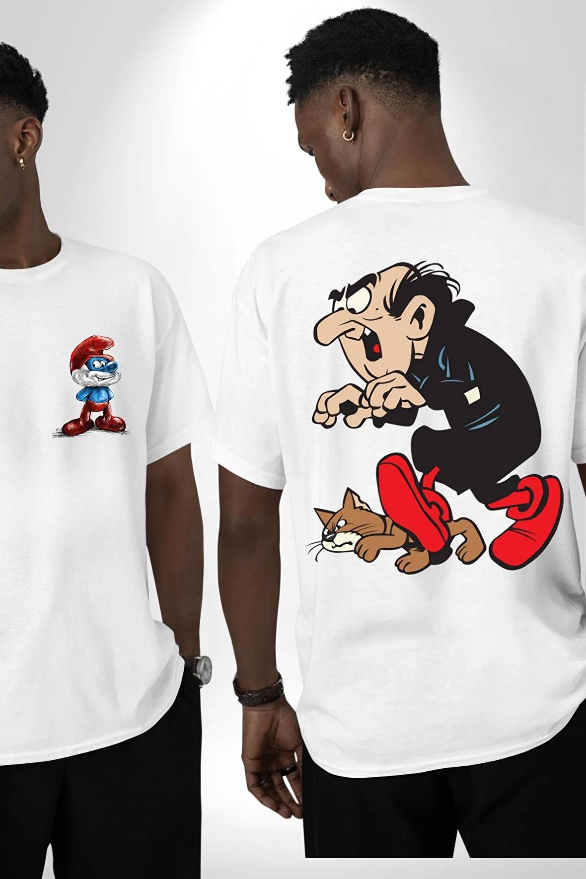 Gargamel Azmen Şirinler  Beyaz Oversize Kadın Erkek Ön ve Sırt Baskılı Tişört
