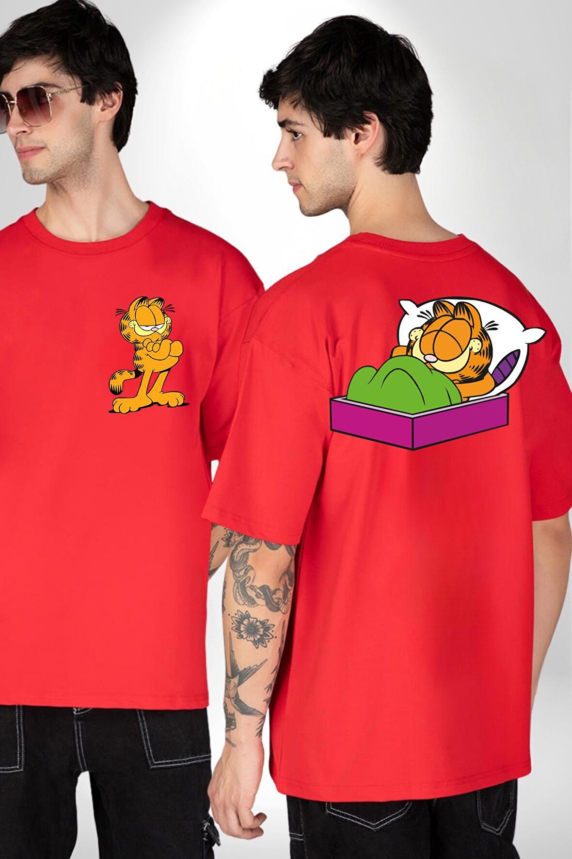 Garfield Uyku Kırmızı Oversize Kadın Erkek Ön ve Sırt Baskılı Tişört