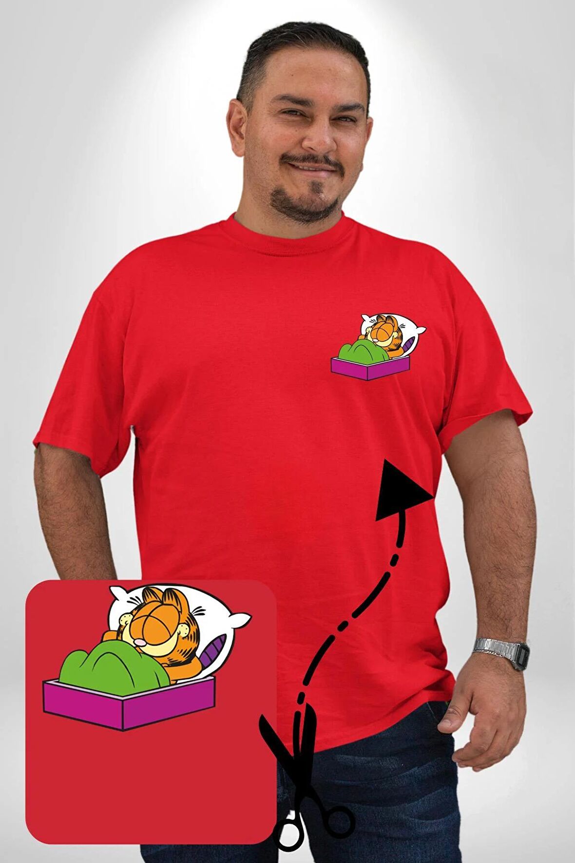Garfield Uyku Kırmızı Büyük Beden Kadın Basic Minimal Baskılı Tişört