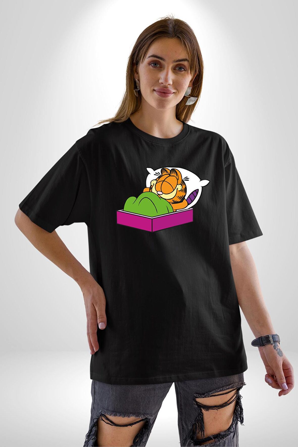 Garfield Uyku Pamuklu Bisiklet Yaka Kadın Erkek Oversize Boyfriend Dijital Baskılı Siyah T-shirt