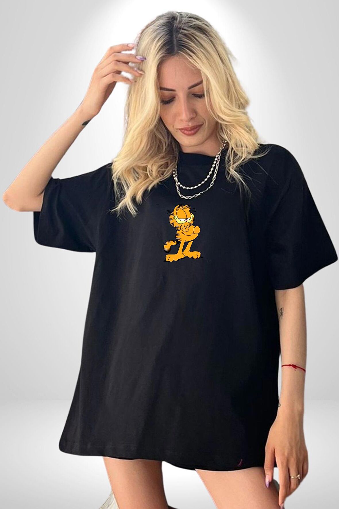 Garfield Siyah Oversize Kadın Erkek Ön Orta Minimal Baskılı Tişört