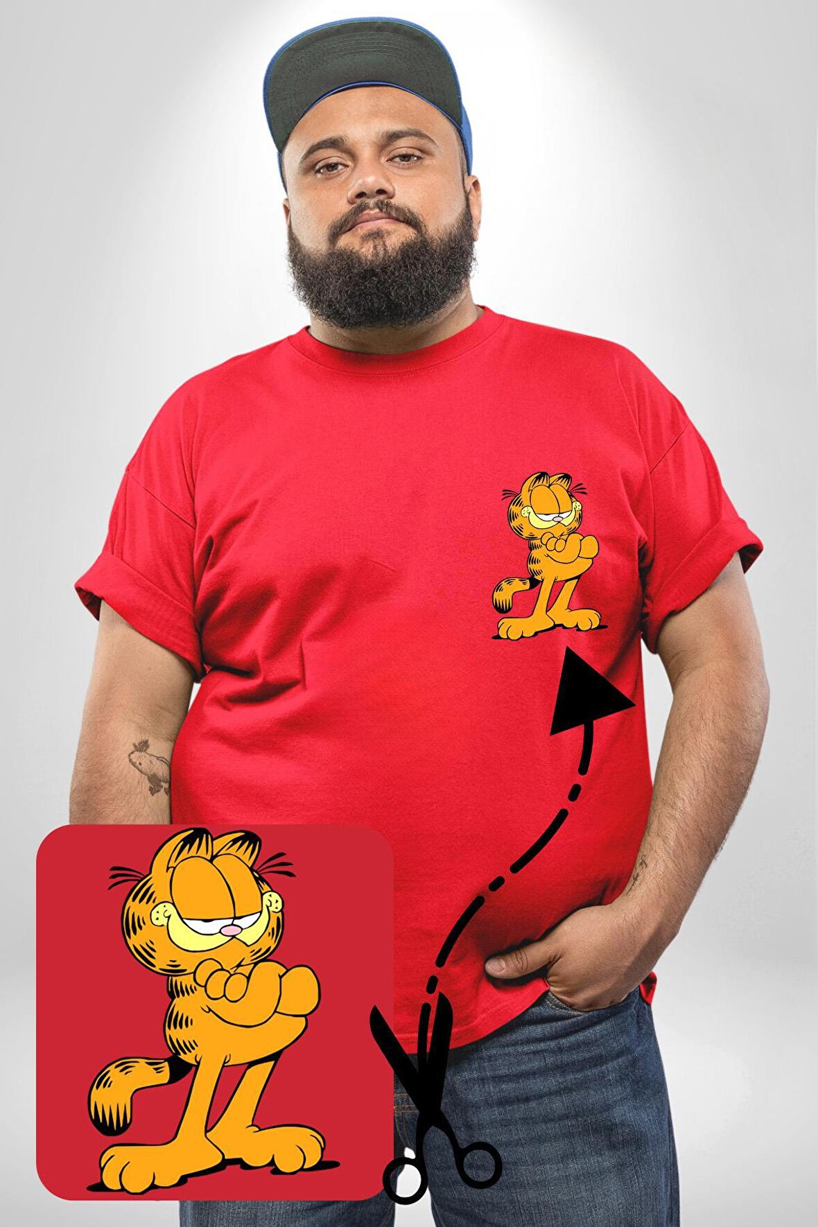 Garfield Kırmızı Büyük Beden Kadın Basic Minimal Baskılı Tişört