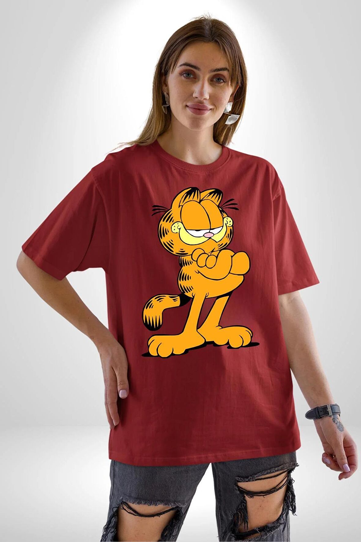 Garfield Pamuklu Bisiklet Yaka Kadın Erkek Oversize Boyfriend Dijital Baskılı Kırmızı T-shirt