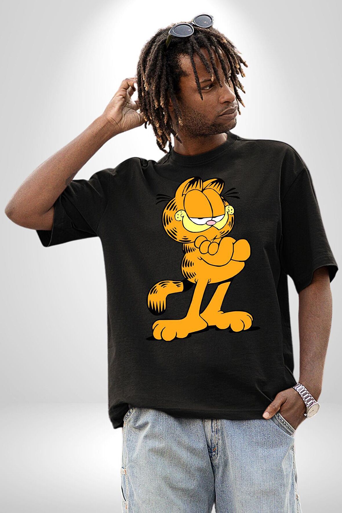 Garfield Pamuklu Bisiklet Yaka Kadın Erkek Oversize Boyfriend Dijital Baskılı Siyah T-shirt
