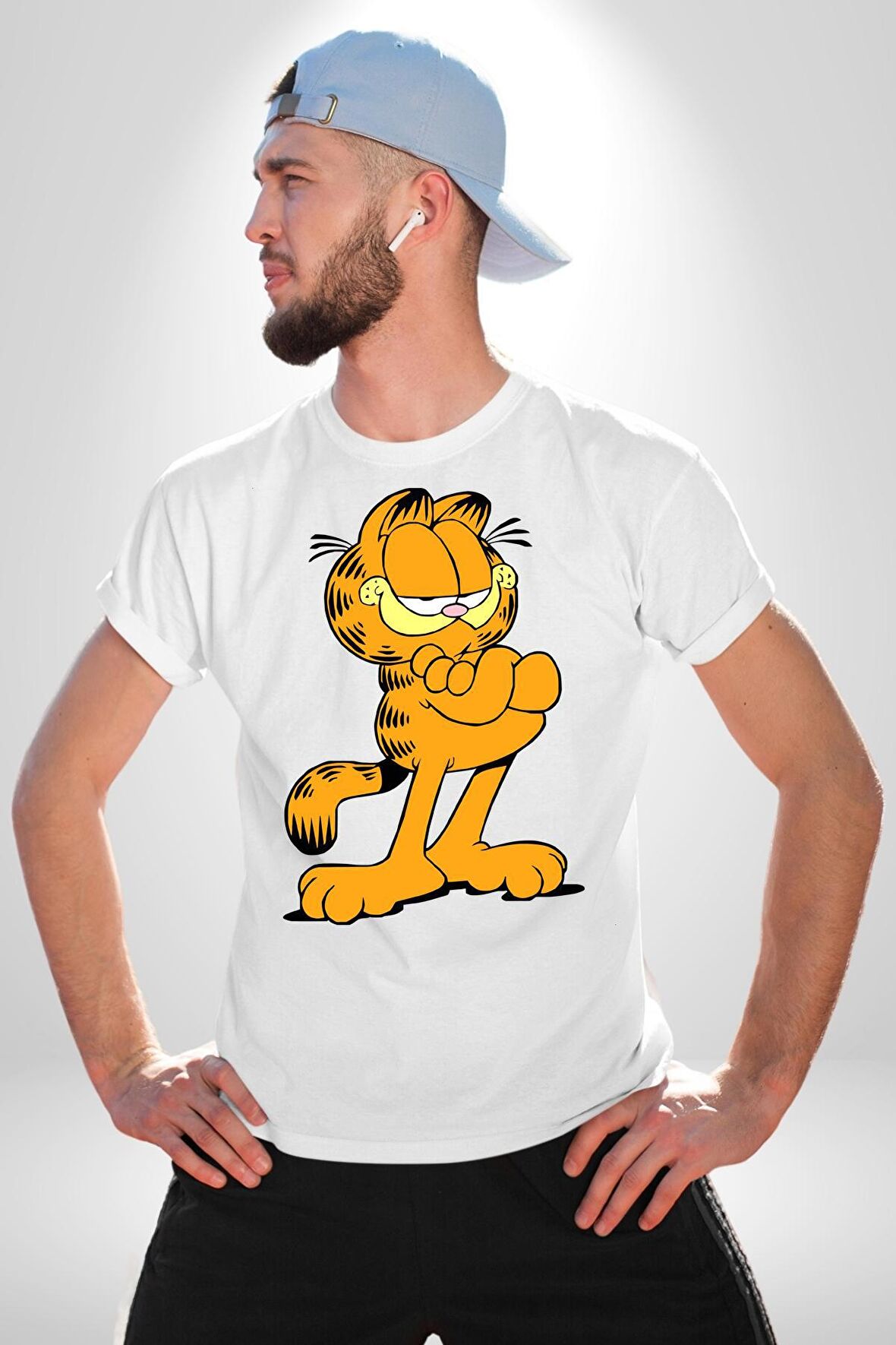 Garfield Kadın Erkek Unisex Beyaz Organik Baskılı T-Shirt Penye Yüksek Kalite