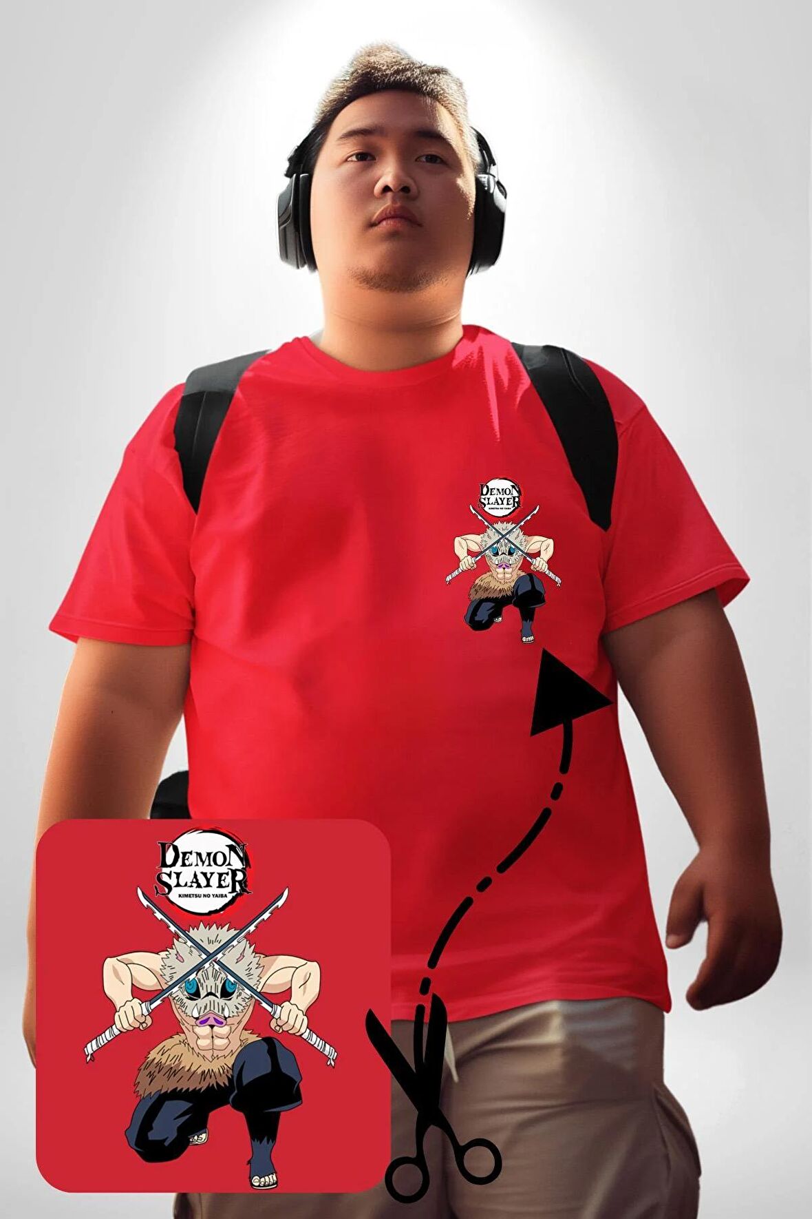 Anime Inosuke Hashibira Demon Slayer Kırmızı Büyük Beden Kadın Basic Minimal Baskılı Tişört