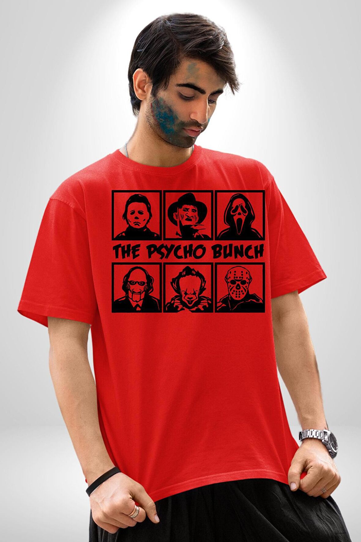 Korku Film Kahramanları Piskopat Pamuklu Bisiklet Yaka Kadın Erkek Oversize Boyfriend Dijital Baskılı Kırmızı T-shirt
