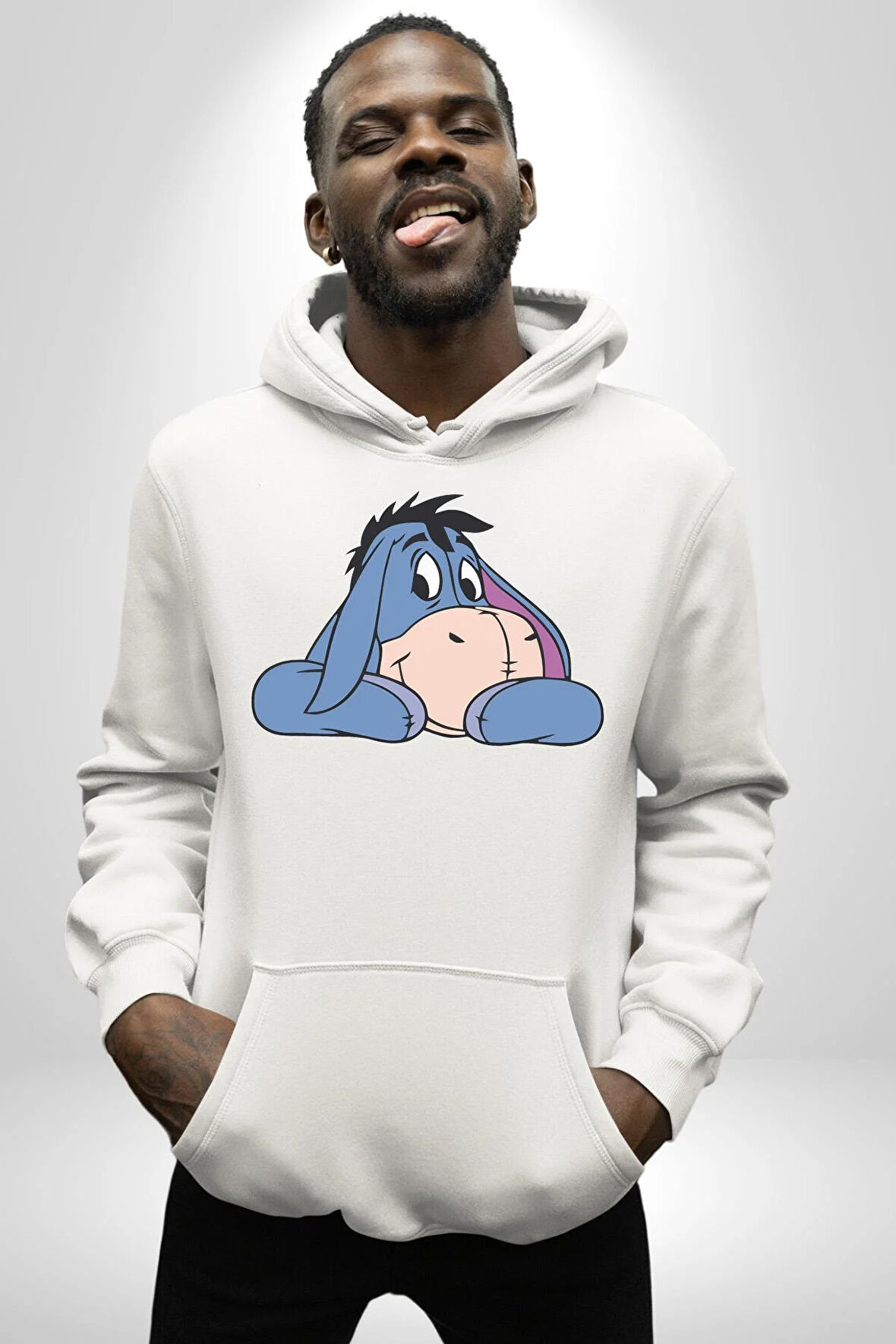 Sevimli Eşek Kadın Erkek  Beyaz Kapüşonlu Sweatshirt Hoodie