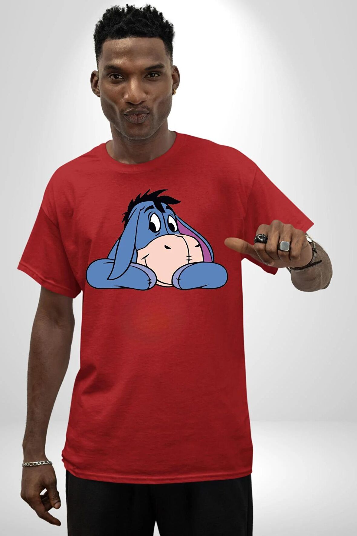 Sevimli Eşek Pamuklu Bisiklet Yaka Kadın Erkek Oversize Boyfriend Dijital Baskılı Kırmızı T-shirt