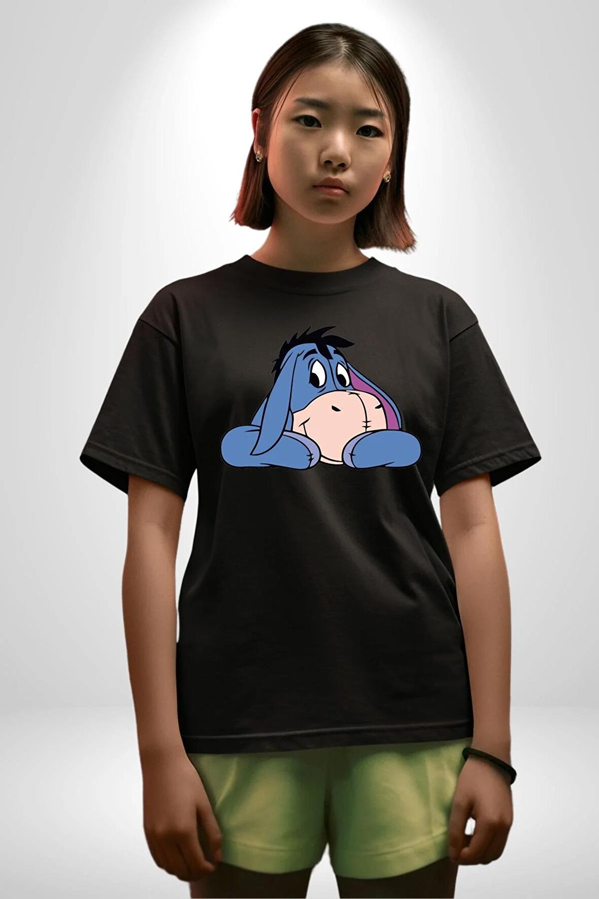 Sevimli Eşek Pamuklu Bisiklet Yaka Kadın Erkek Oversize Boyfriend Dijital Baskılı Siyah T-shirt