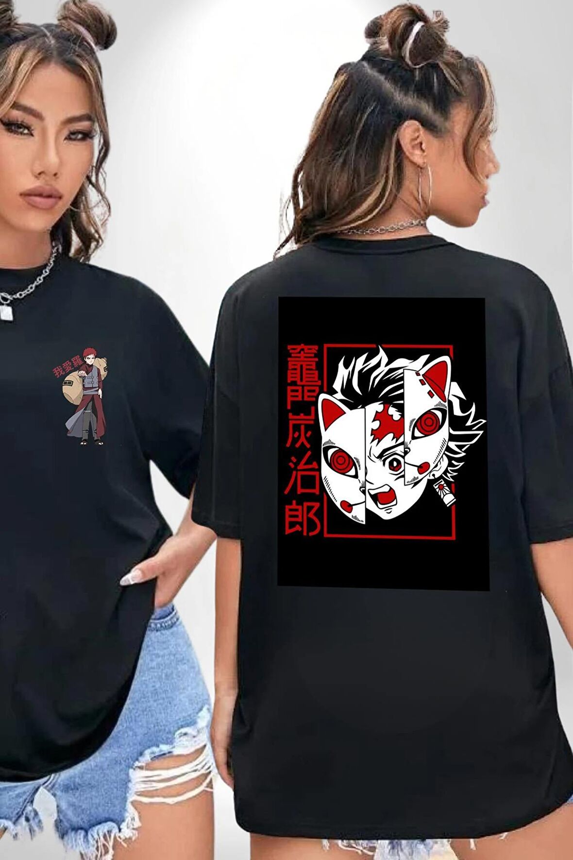 Anime İblis Avcısı Kimetsu No Yaiba Maske Siyah Oversize Kadın Erkek Ön ve Sırt Baskılı Tişört