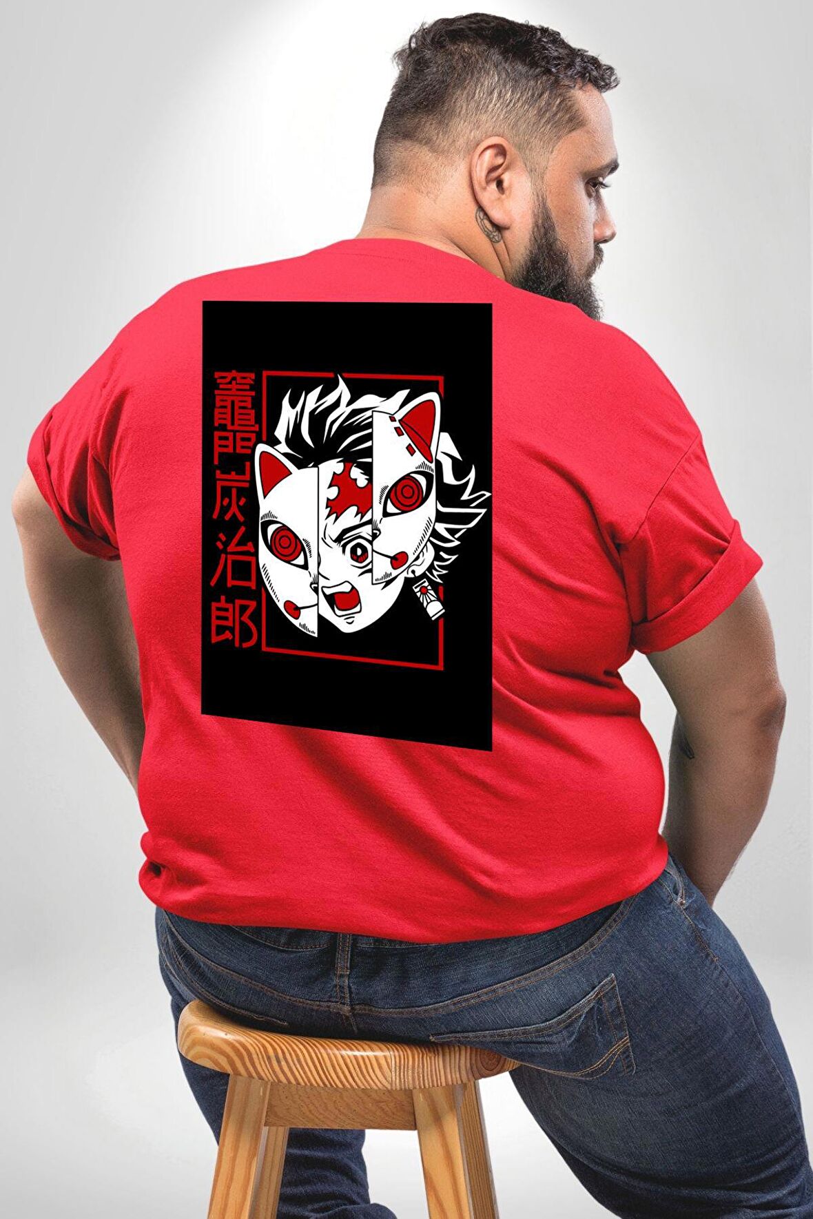 Anime İblis Avcısı Kimetsu No Yaiba Maske Büyük Beden Kırmızı Tişört Kadın Erkek Ünisex Sırt Baskılı