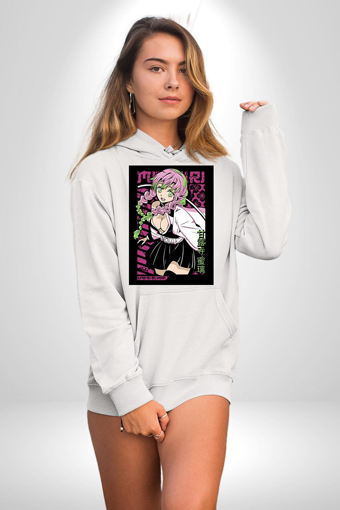 Anime Demon Slayer Kimetsu No Yaiba Mitsuri Kanroji Kadın Erkek  Beyaz Kapüşonlu Sweatshirt Hoodie