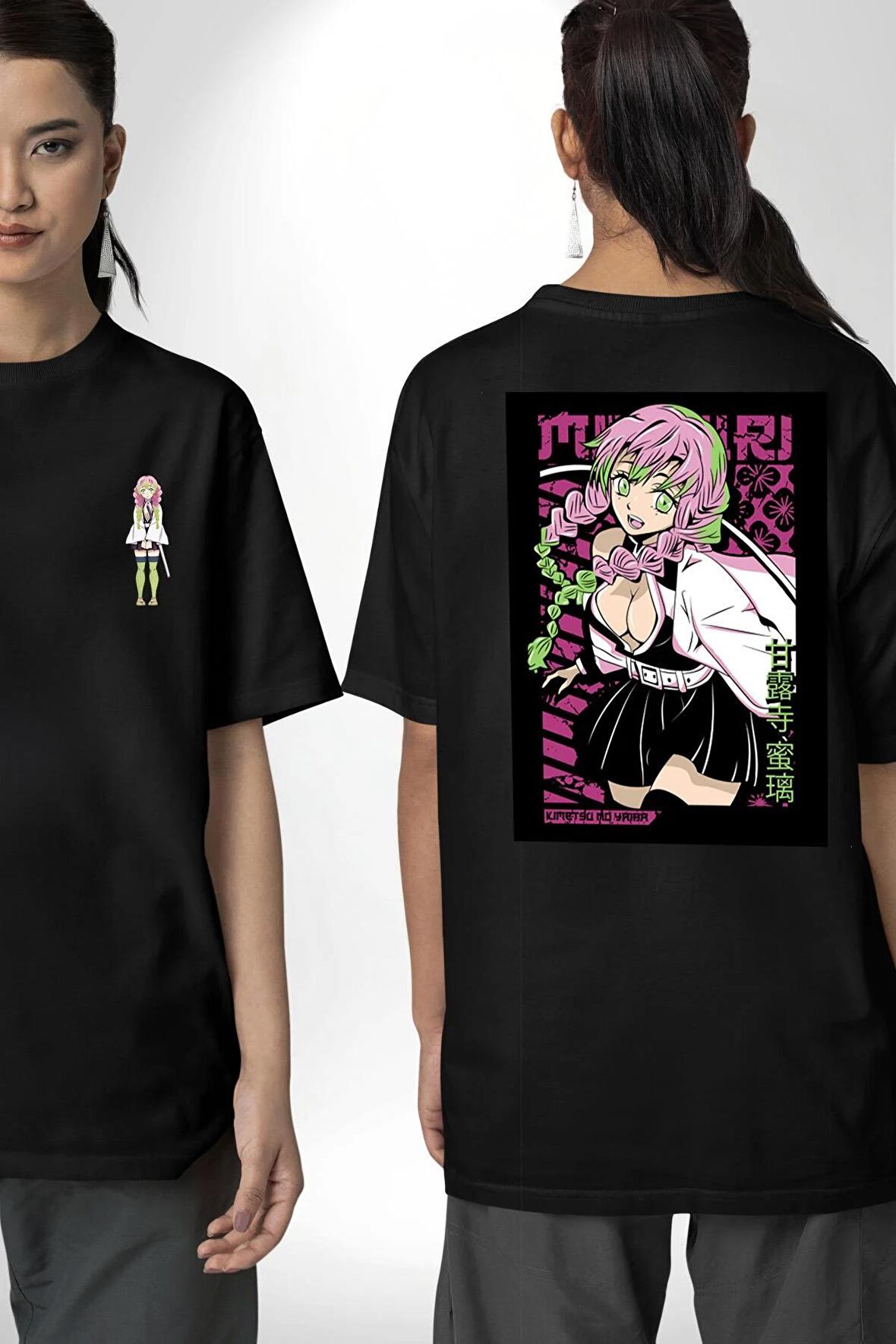 Anime Demon Slayer Kimetsu No Yaiba Mitsuri Kanroji Siyah Oversize Kadın Erkek Ön ve Sırt Baskılı Tişört