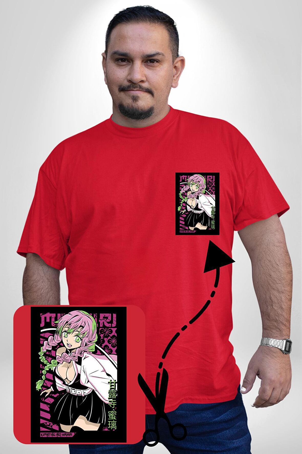 Anime Demon Slayer Kimetsu No Yaiba Mitsuri Kanroji Kırmızı Büyük Beden Kadın Basic Minimal Baskılı Tişört