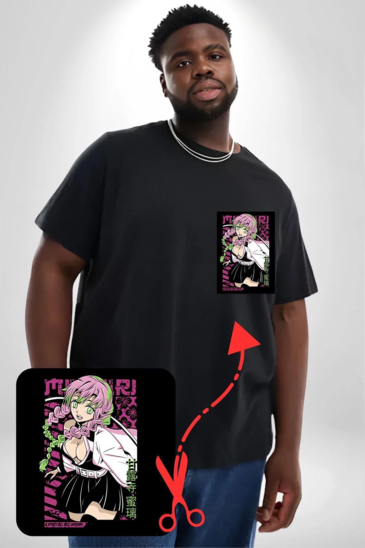 Anime Demon Slayer Kimetsu No Yaiba Mitsuri Kanroji Siyah Büyük Beden Kadın Basic Minimal Baskılı Tişört