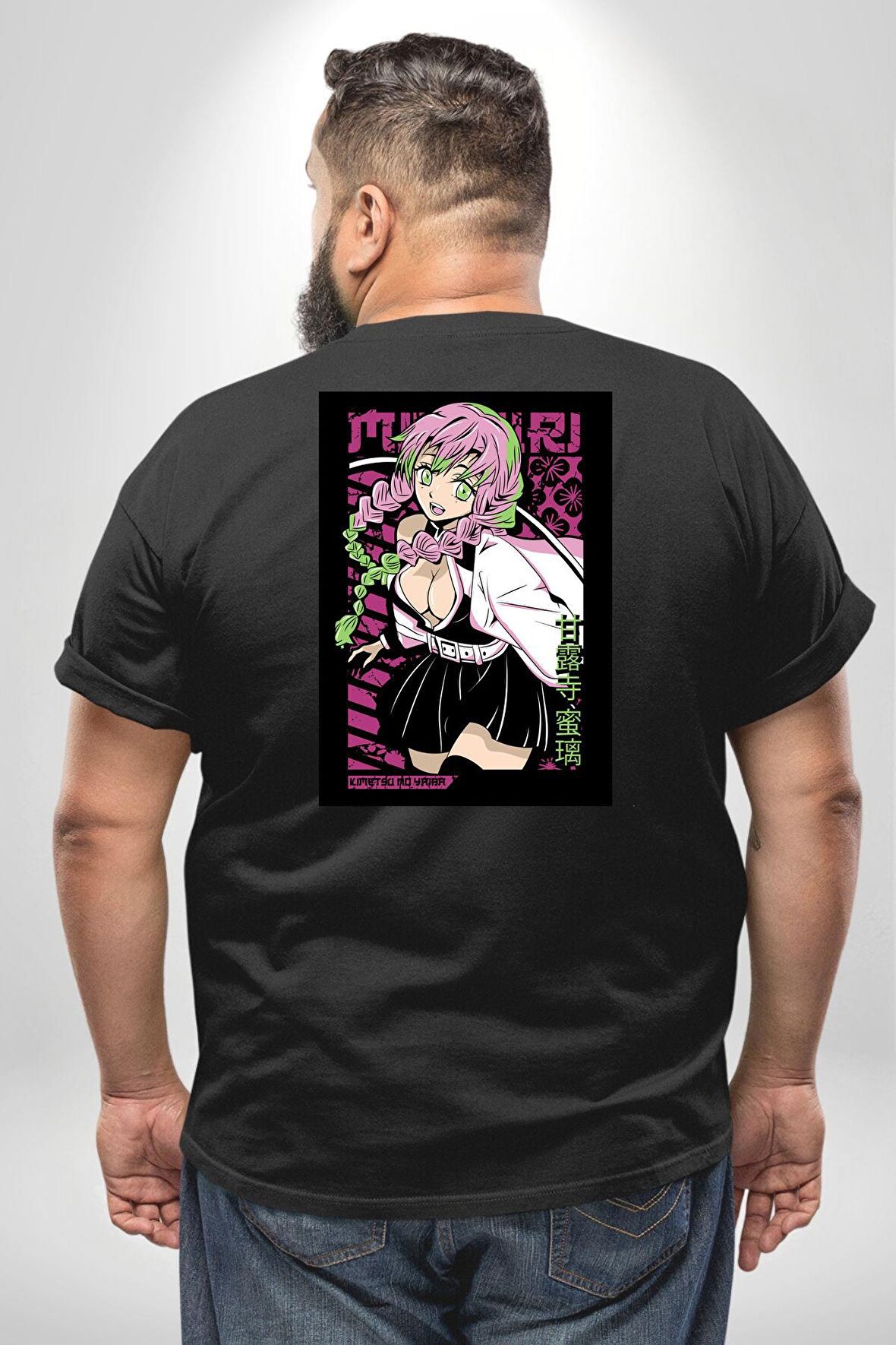 Anime Demon Slayer Kimetsu No Yaiba Mitsuri Kanroji Büyük Beden Siyah Tişört Kadın Erkek Ünisex Sırt Baskılı