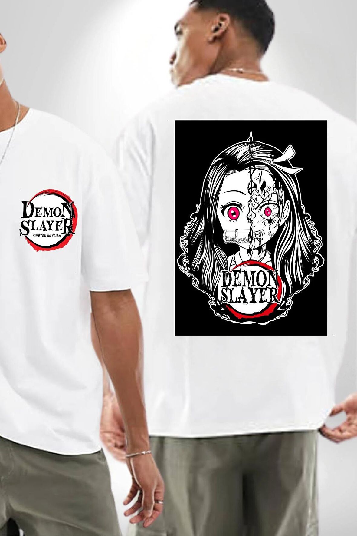 Anime Demon Slayer  Beyaz Oversize Kadın Erkek Ön ve Sırt Baskılı Tişört