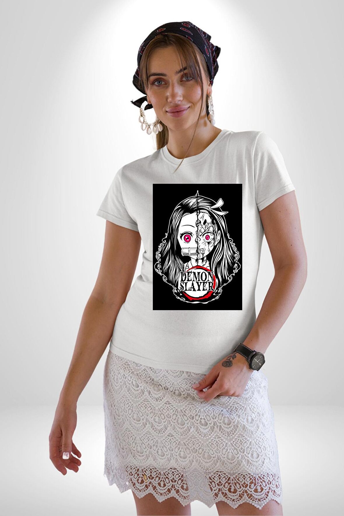 Anime Demon Slayer  Kadın Erkek Unisex Beyaz Organik Baskılı T-Shirt Penye Yüksek Kalite